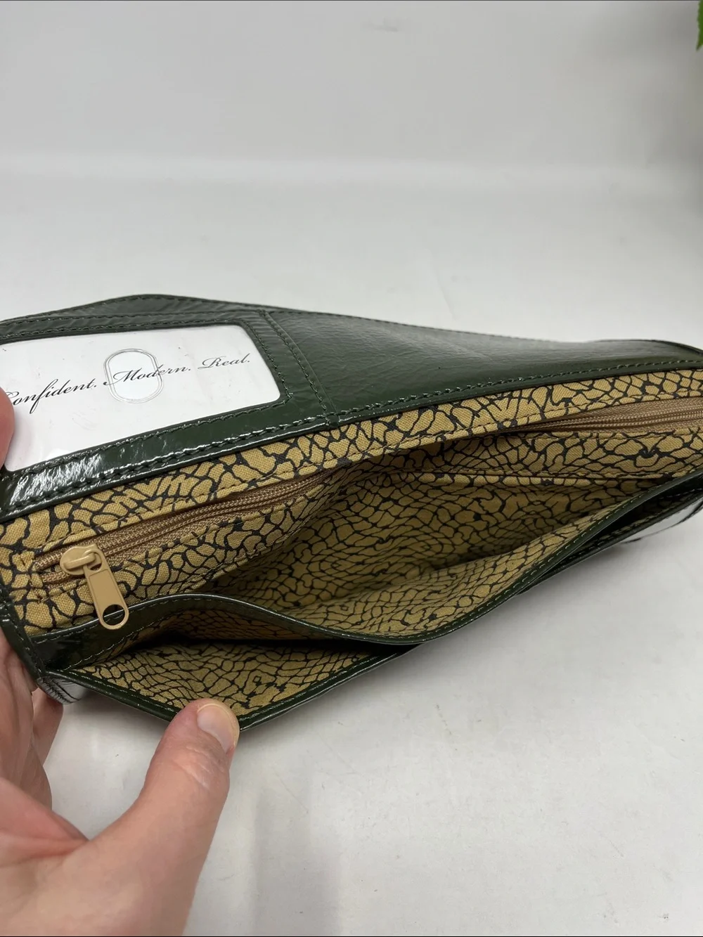 HOBO INTERNATIONAL CLUTCH WALLET ASYMMETRICAL ZIPPER PATENT LEATHER FOREST GREEN